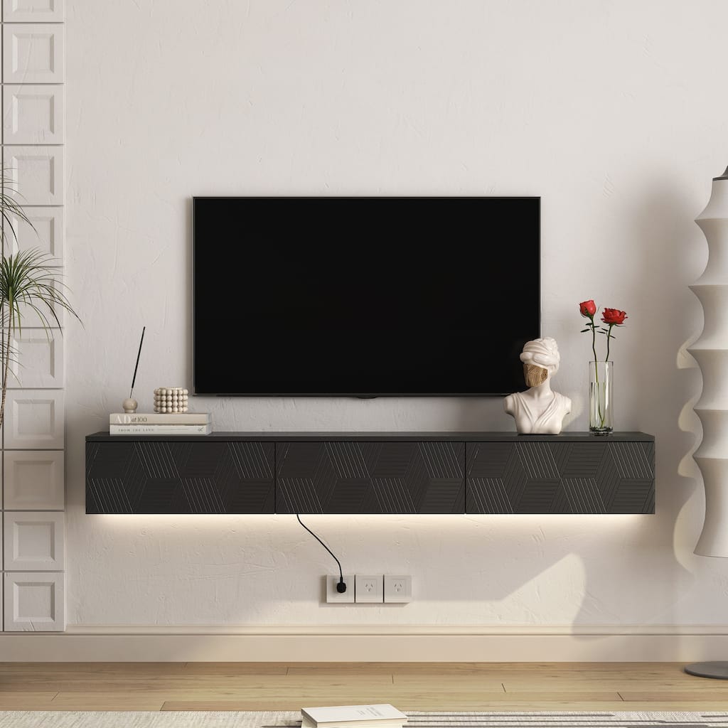 Modern Floating Wall-Mounted TV Cabinet, for 55/60/65 Inch TVs, with 16-Color LED Lighting, for Living Rooms, Black