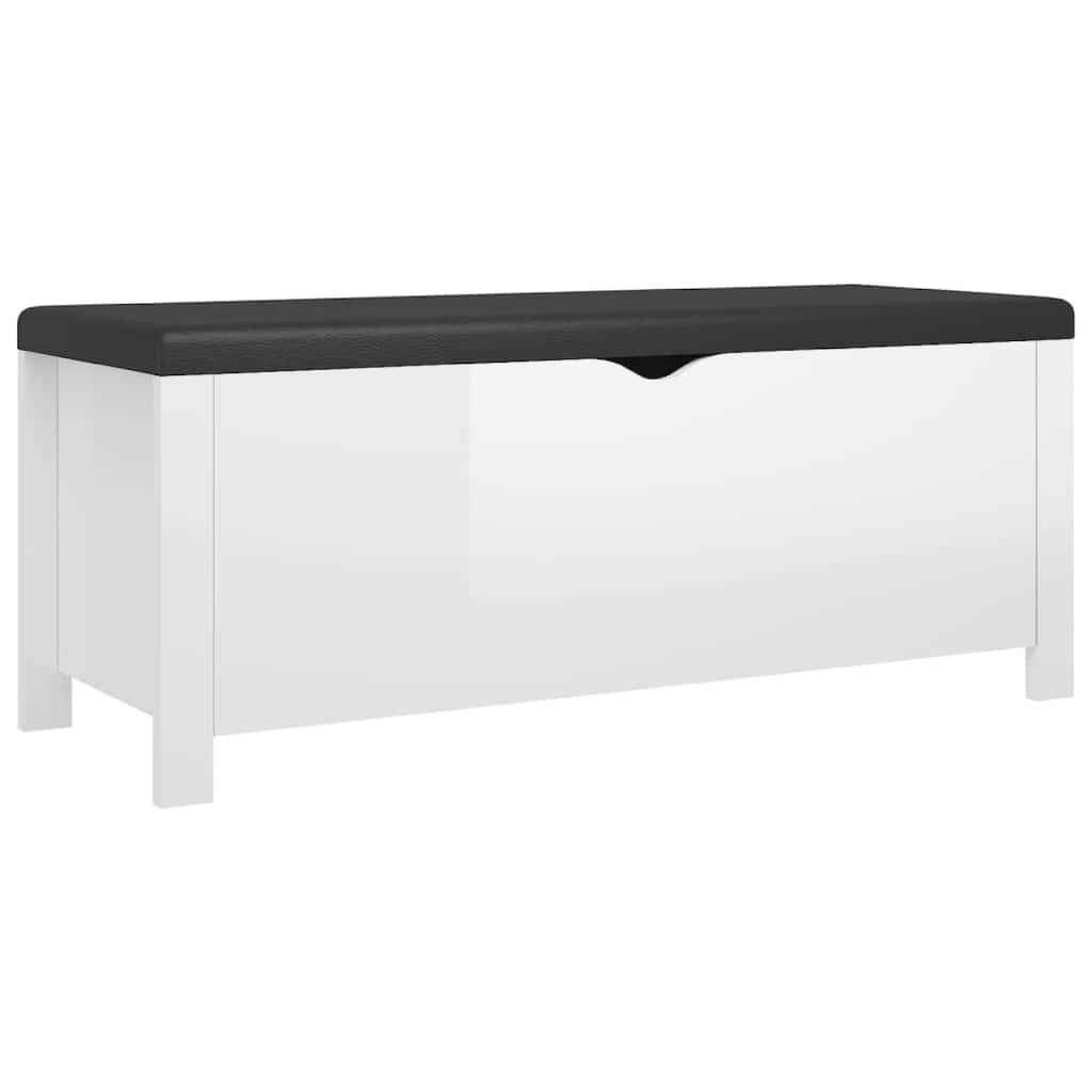 Storage Box Bench w Seat Cushion, White Wood, 41 Inch Black Faux Leather