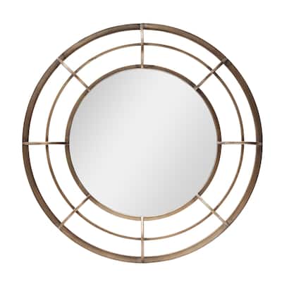 28" Geometric Metal Round Wall Mirror, Antique Bronze