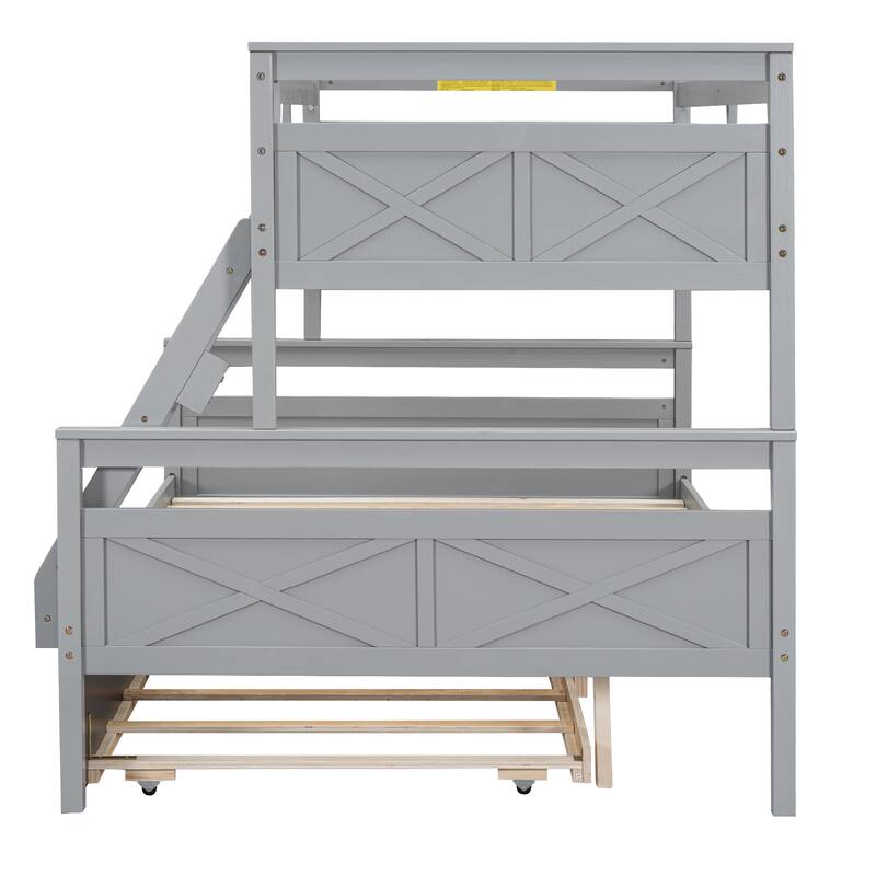 Twin Over Full Bunk Bed With Ladder, Twin Size Trundle, Safety Guardrail