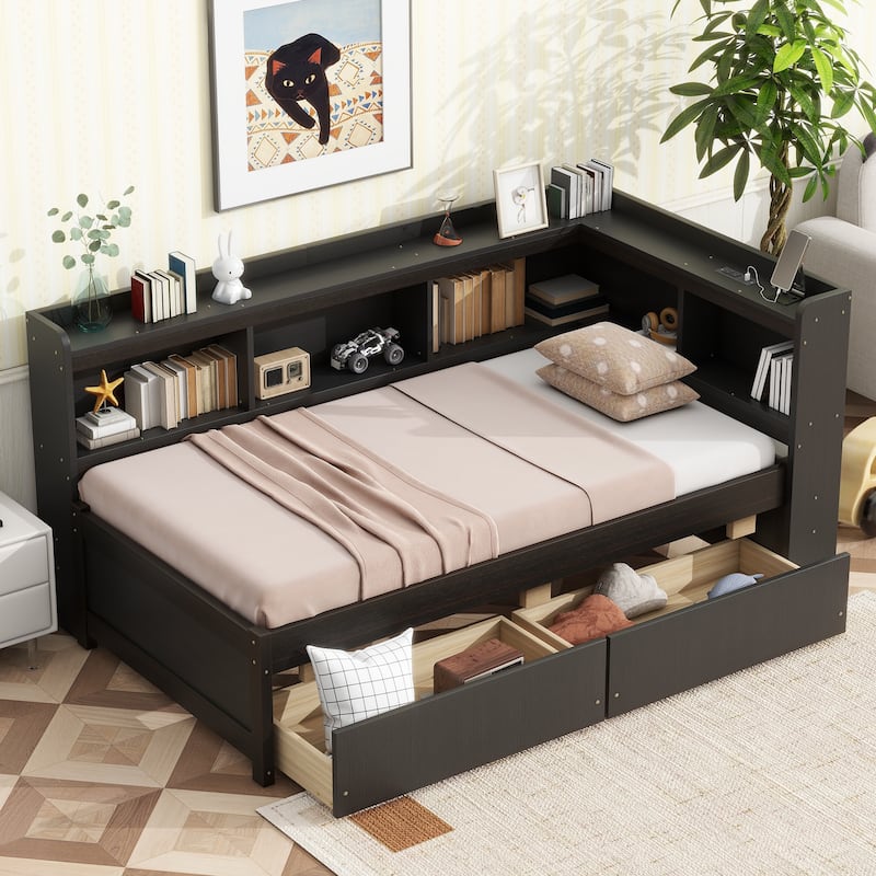 L-shaped Bookcases Bed with Power Outlets,USB Charging Ports,Two Drawers