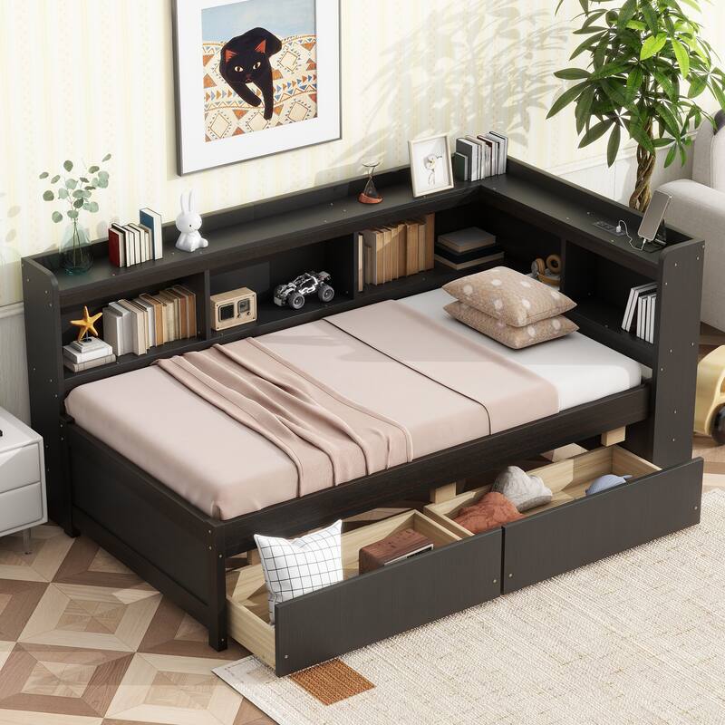 Wooden Platform Sofa Bed Frame with L Shaped Bookcase and Charging Station, Living Room Corner Daybed with 2 Storage Drawers