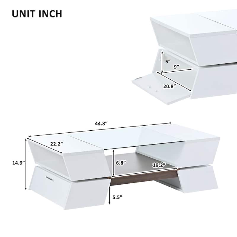 Glass Top Coffee Table with Open Shelves and Cabinets
