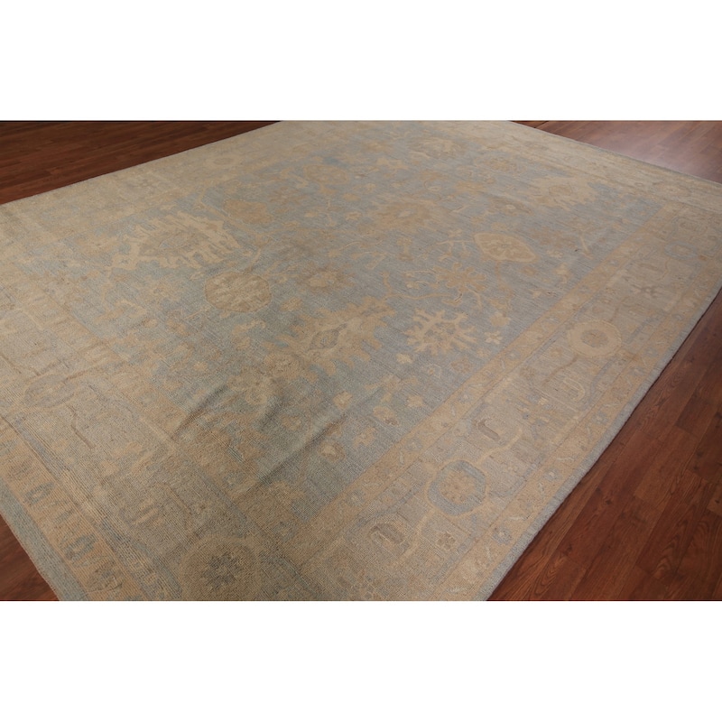 Vegetable Dye Oushak Turkish Area Rug Handmade Blue Wool Carpet - 8'11" x 11'11"