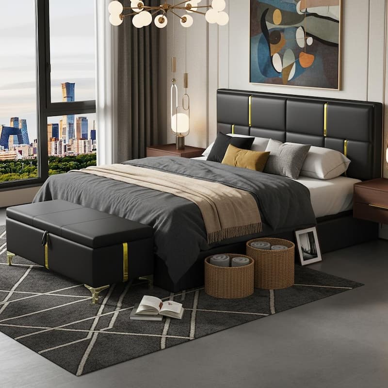 Modern Elegance 2-Piece Bedroom Set with Lift-Up Storage Platform Bed and Gold-Leg Ottoman by Harper&Bright Designs - Black