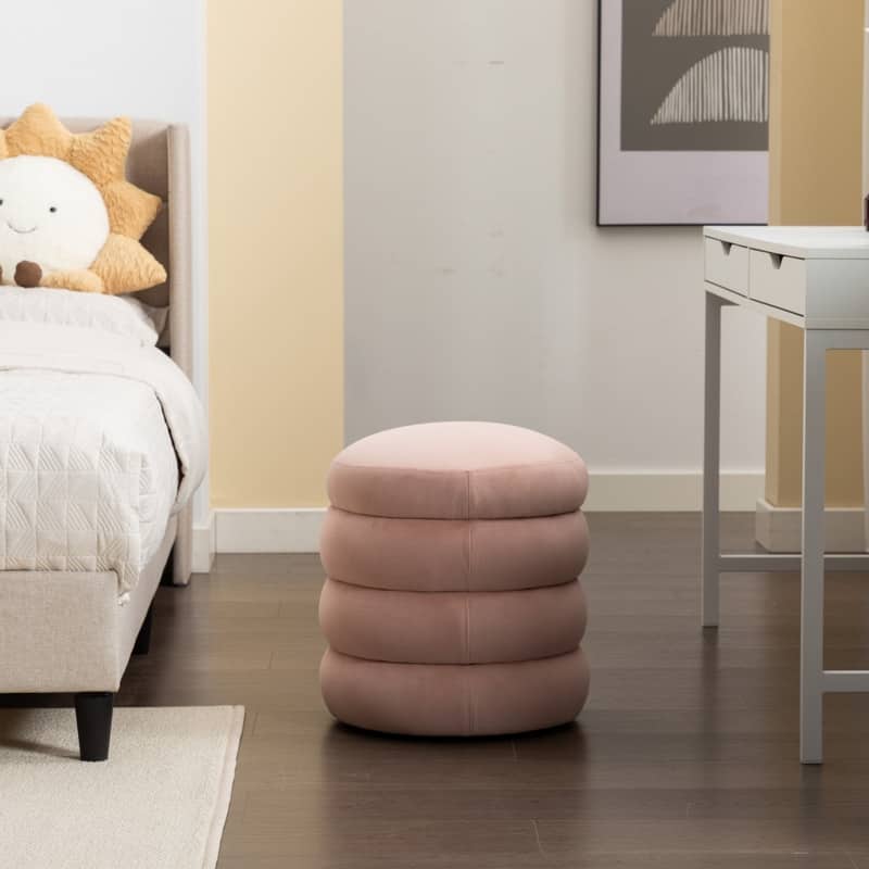 Soft Velvet Round Ottoman Footrest Stool - Pink