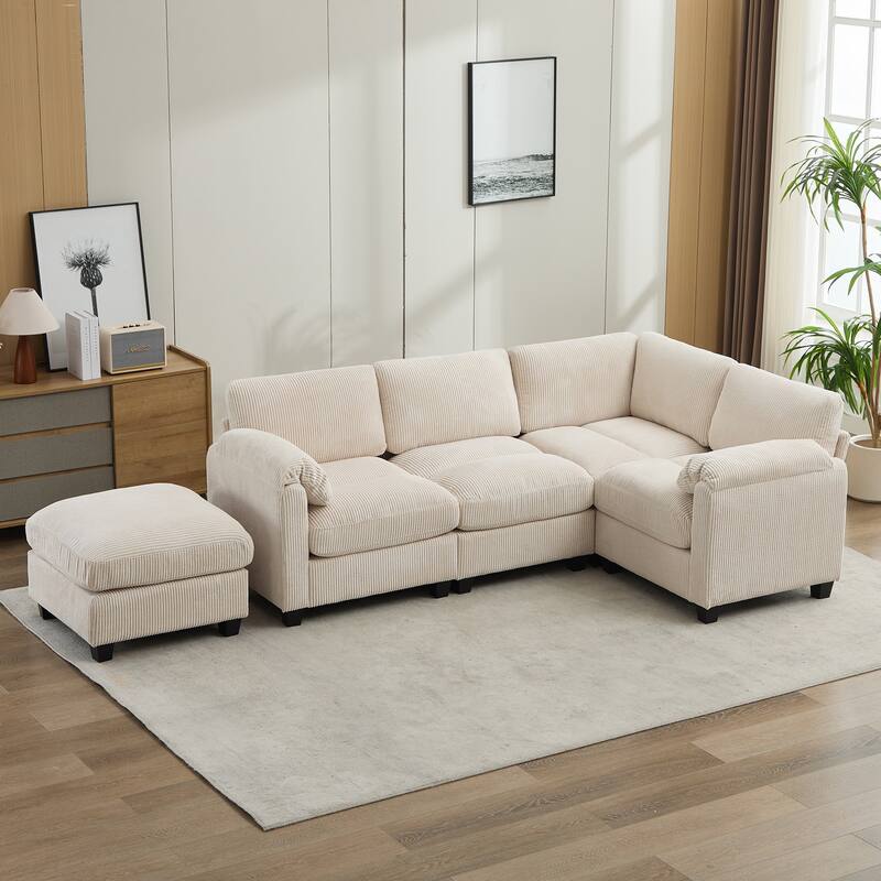 5-Seater Corduroy Sectional Sofa, Removable Ottoman, Modular Design