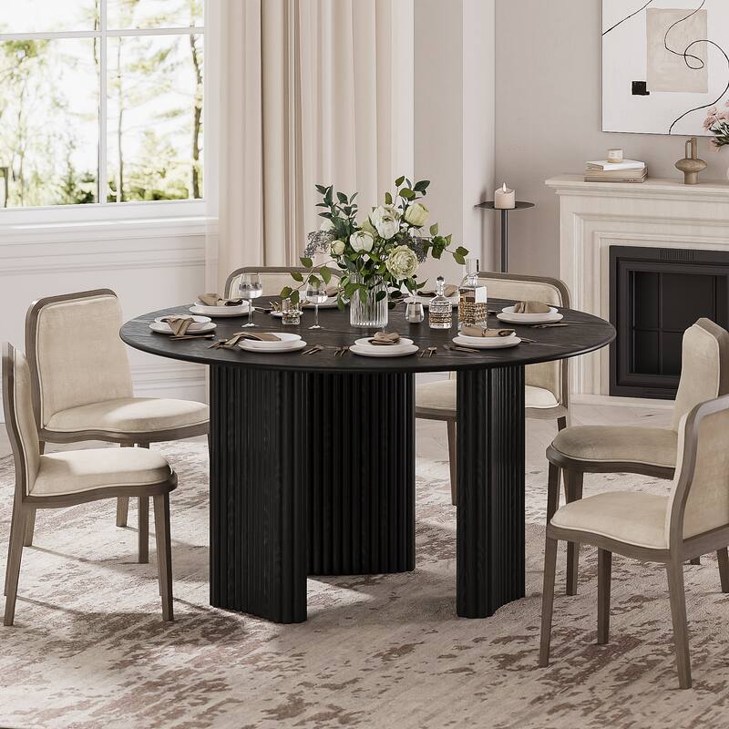 Modern Round Dining Table with Striped Column Legs Solid Wood Kitchen Table Anti-Scratch Footpads