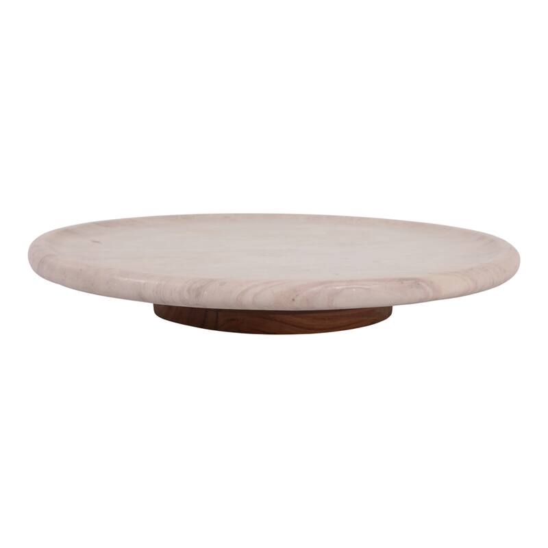 Decorative Tray - Ivory Wood Marble Round Lazy Susan - 16", Ivory - 16" x 16" x 2"