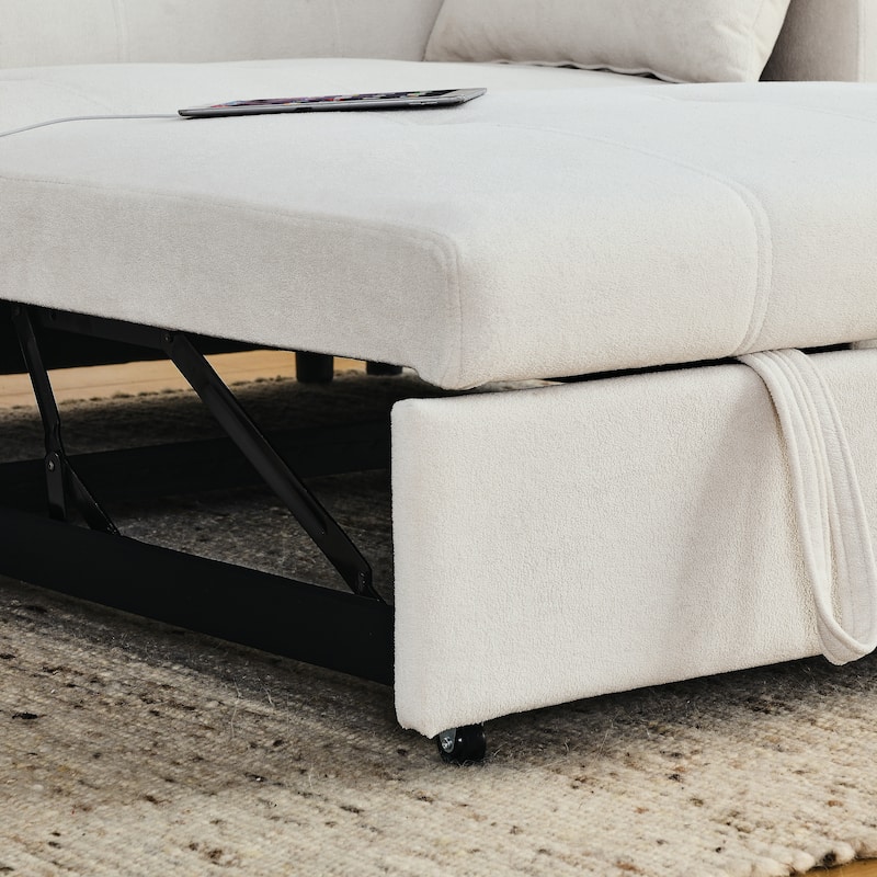 Chenille Pull-Out Sleeper Loveseat Bed Adjustable Backrest Tufted Futon Sofa with 2 Pillow and USB Ports, Pockets
