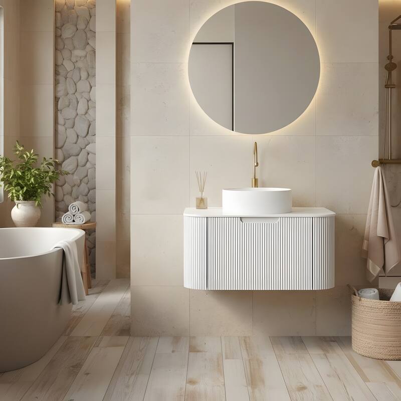 Wall Mounted Bathroom with White Round Ceramic Basin and Drawer
