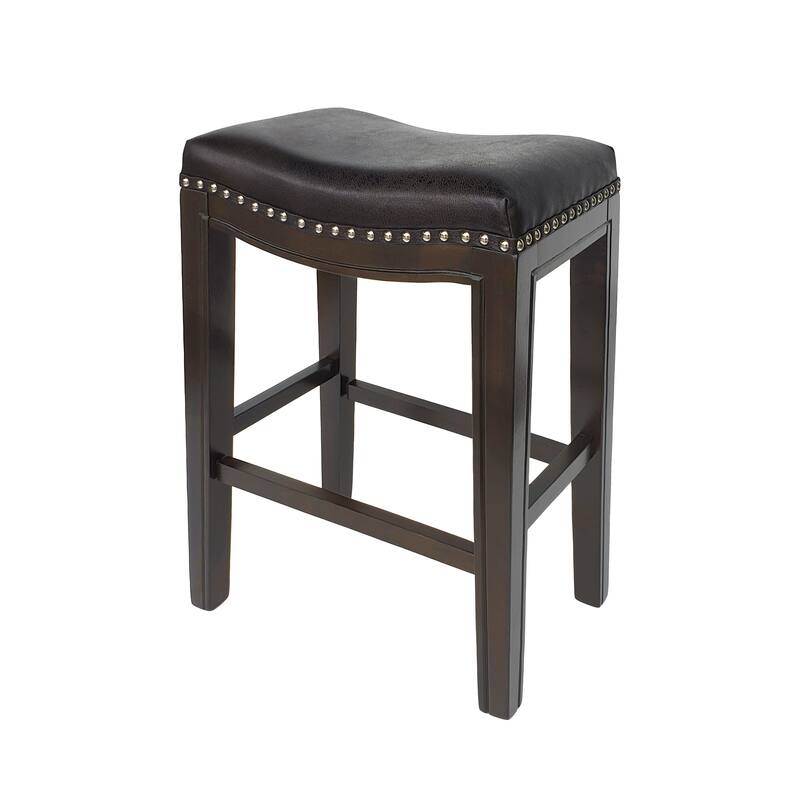 Feine Counter Stool Set of 2, Gray Faux Leather Saddle Seat, Brown