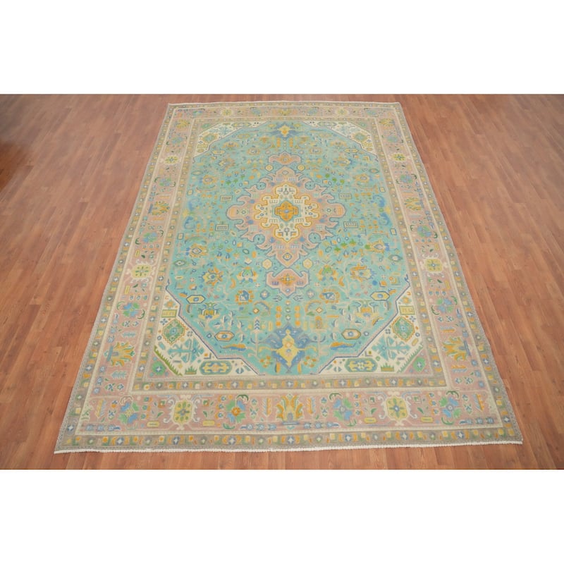 Hand Knotted Oriental 100% Wool Carpet Traditional Medallion Navy Blue & Blues Tabriz Area Rug - 11' 3'' X 7' 10''