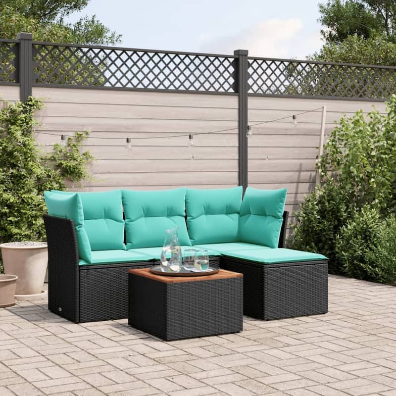 vidaXL Patio Sofa Set with Cushions Outdoor Furniture 5 Piece Poly Rattan - 24.4" x 24.4" x 27.2" - Black and blue