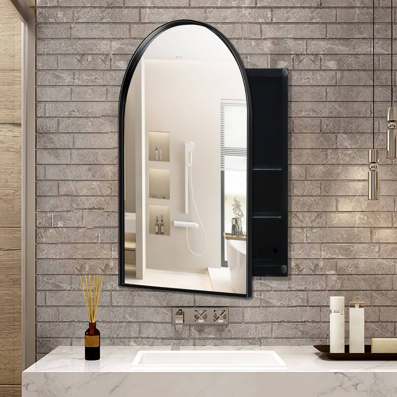 24x36 Inch Arched Bathroom Medicine Cabinet with Mirror, Metal Framed Recessed Wall Cabinet with Mirror - Black