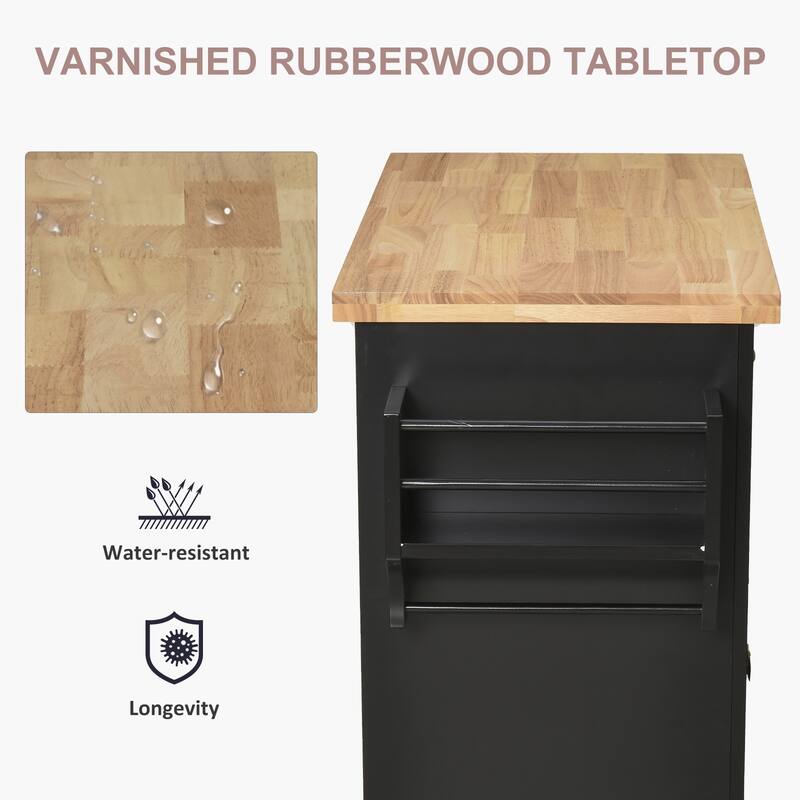 HOMCOM Rolling Kitchen Island Cart with Rubber Wood Top, Spice Rack, Towel Rack & Drawers for Dining Room