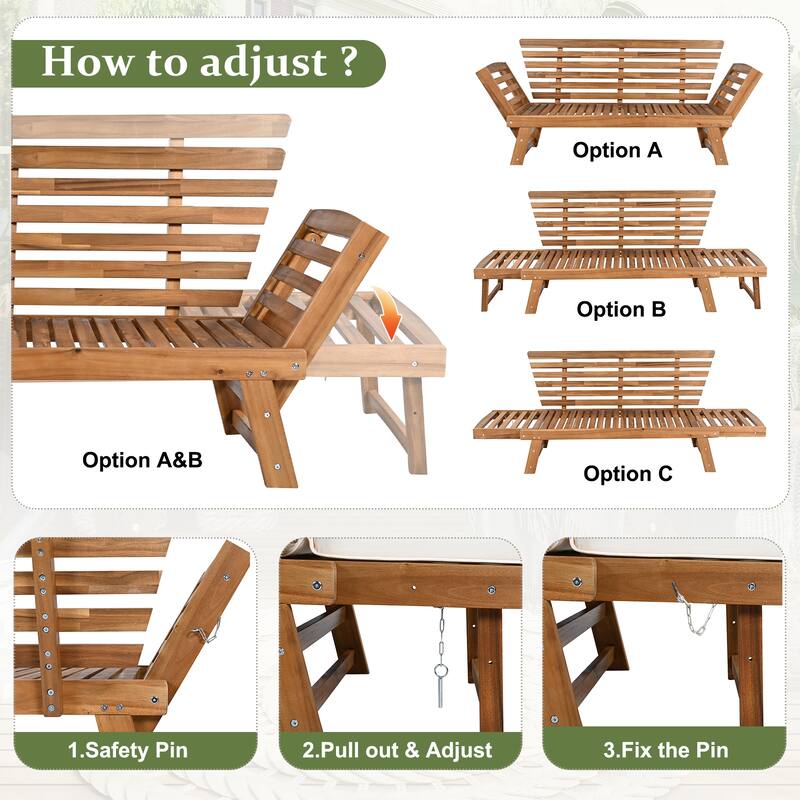 Outdoor Acacia Wood Adjustable Daybed Sofa with Cushions, Expandable Patio Chaise Lounge for Small Spaces, Deck or Balcony