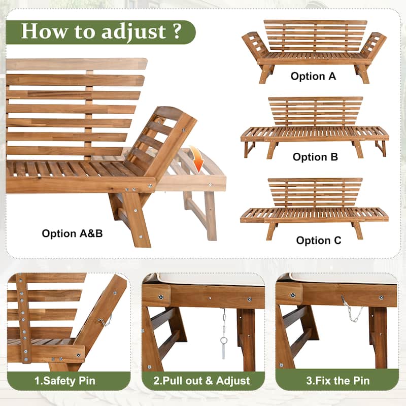 Outdoor Adjustable Patio Wooden Daybed, Sofa Chaise Lounge for Small Places