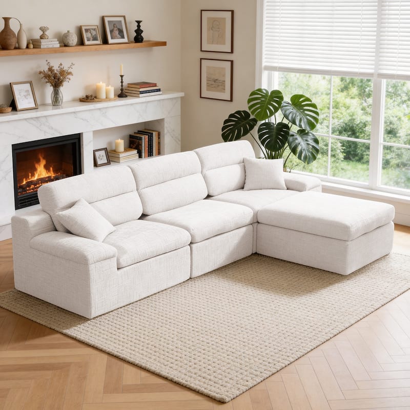 111" L-Shaped Slub Chenille Sofa with High Backrest, No Assembly Required - Beige