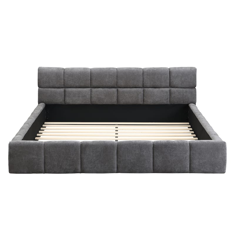 Queen / King Soft Chenille Upholstered Bed in Soft Grey with Stylish Checkerboard Pattern