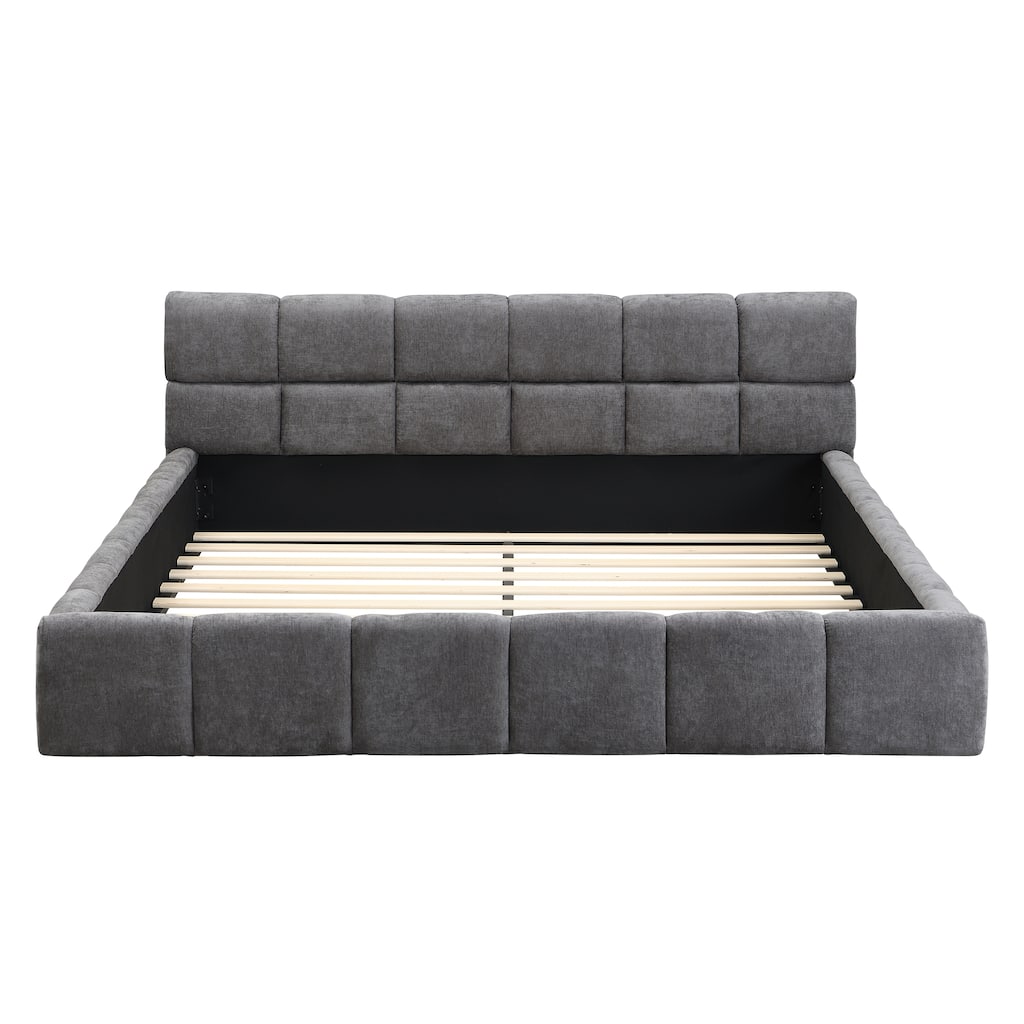 Upholstered Platform Bed Frame Chenille Fabric Bed with Checkerboard Design Thick Headboard, Low Profile Beds for Bedroom, Gray