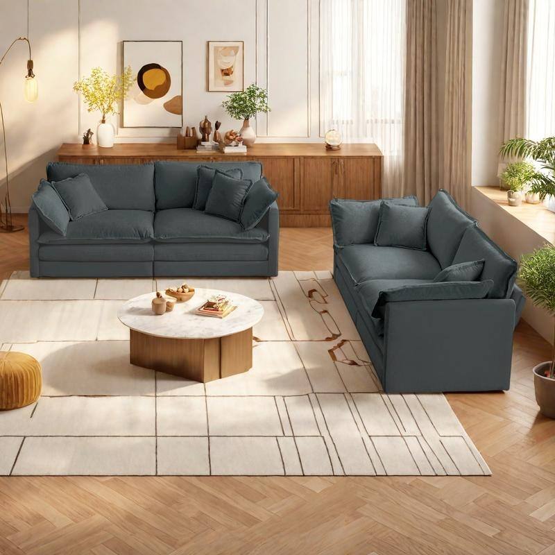 4-Seat Chenille Living Room Sofa Set (Two 2-Seater Sofas) with Solid Wood Frame & Modular Design - Gray