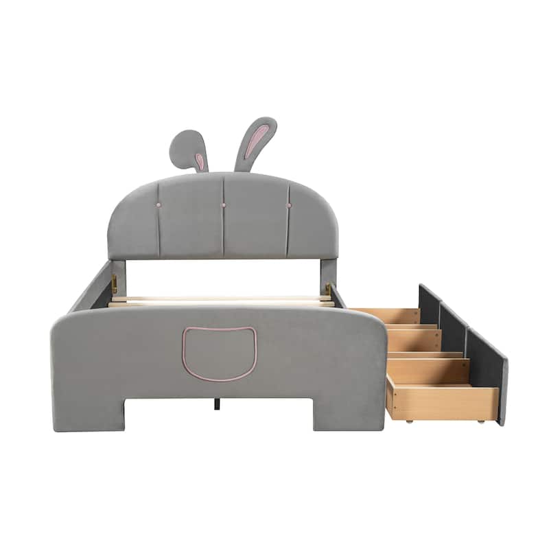 Full Size Velvet Platform Bed with Rabbit-Shaped Headboard, with Drawers, with Bed-End Storage Pocket