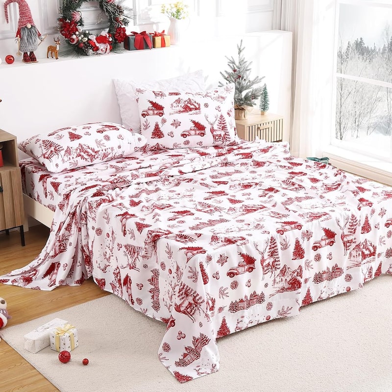Christmas Red Boho Holiday Bed Sheets Set with 16 Inches Deep Pocket - Queen