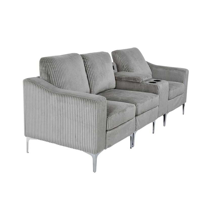Modern 3-Seat Modular Corduroy Sectional Sofa with USB Ports and Cup Holders for Living Room Apartment
