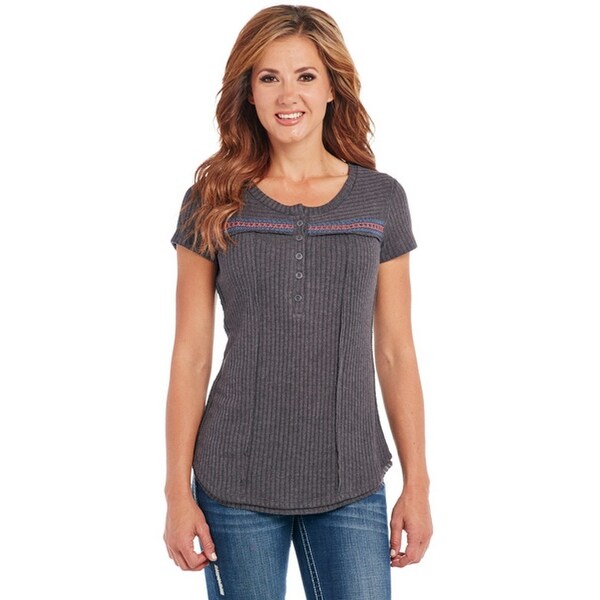 Cowgirl Up Western Shirt Womens S/S Henley Heather Gray - Overstock - 16073843