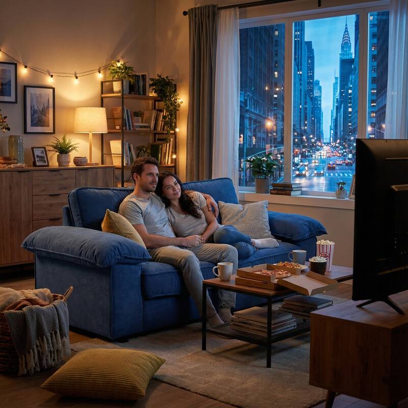 Roomfitters Modern Overstuffed Upholstered Sofa with Hidden Storage and Padded Arms, Comfy Loveseat for Small Space