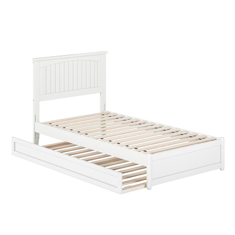 Twin Platform Bed with Trundle - White Wood Bed Frame & Panel Headboard - Space Saving Design