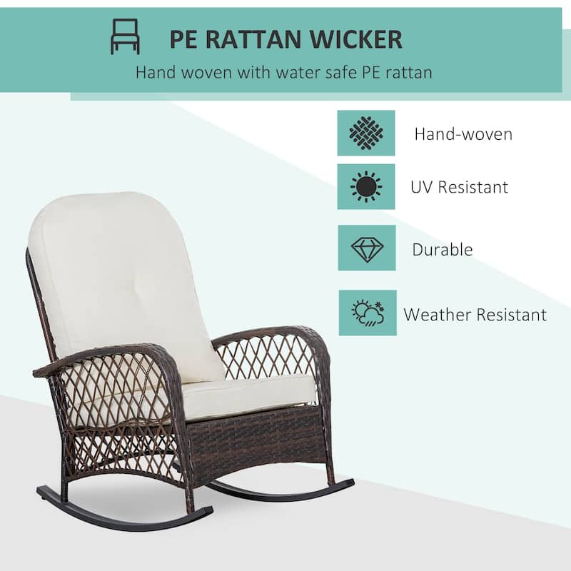 Outsunny Outdoor Wicker Rocking Chair with Cushion and Steel Frame, High Weight Capacity for Patio, Garden, Backyard