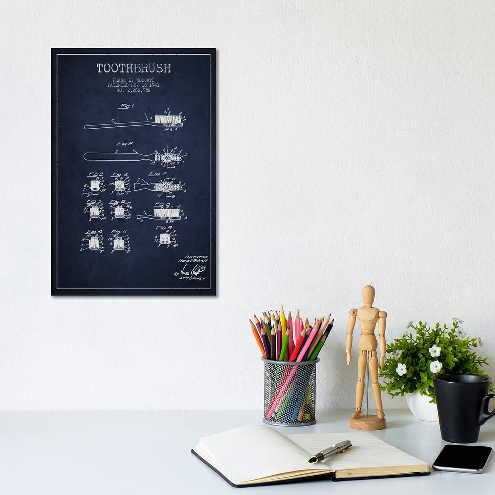 iCanvas "Toothbrush Navy Blue Patent Blueprint" by Aged Pixel Canvas Print