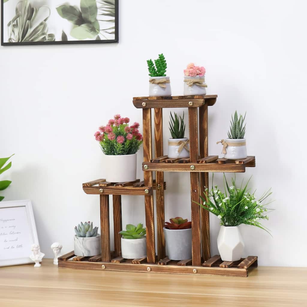 4 Tier Small Plant Stand Carbonized Wood Flower Rack Indoor Outdoor