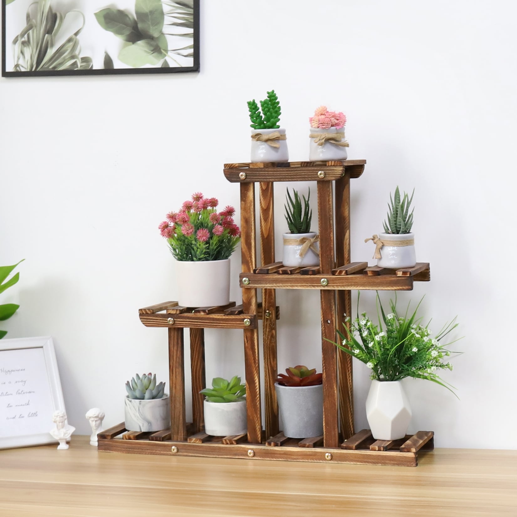 4 Tier Small Plant Stand Carbonized Wood Flower Rack Indoor Outdoor