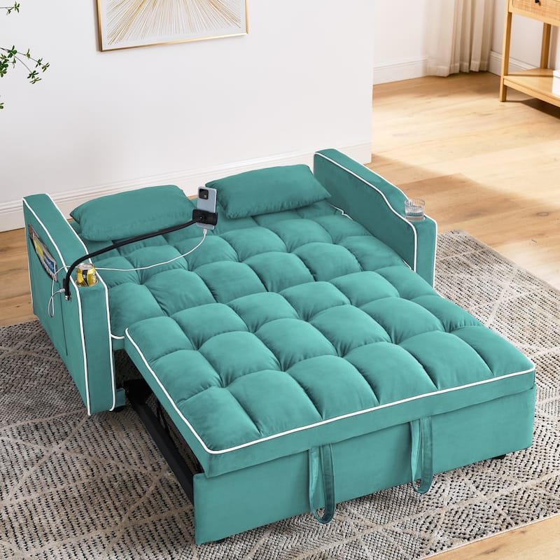 Small Folding Loveseat Sofa Bed with Adjustable Backrest, 55.5" Velvet Pull-Out Couch with USB Charging Port, Phone Holder
