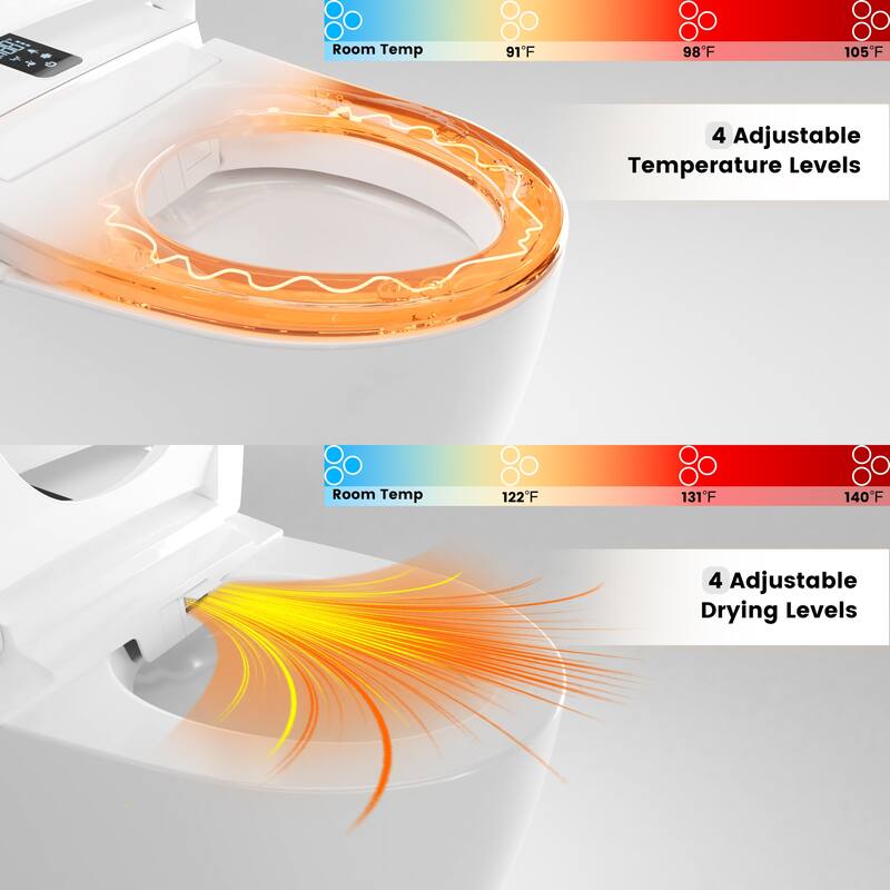 Elongated Smart Toilet with Bidet Wash, Heated Seat, Warm Air Dry, Remote Control, Auto Flush, LED Display