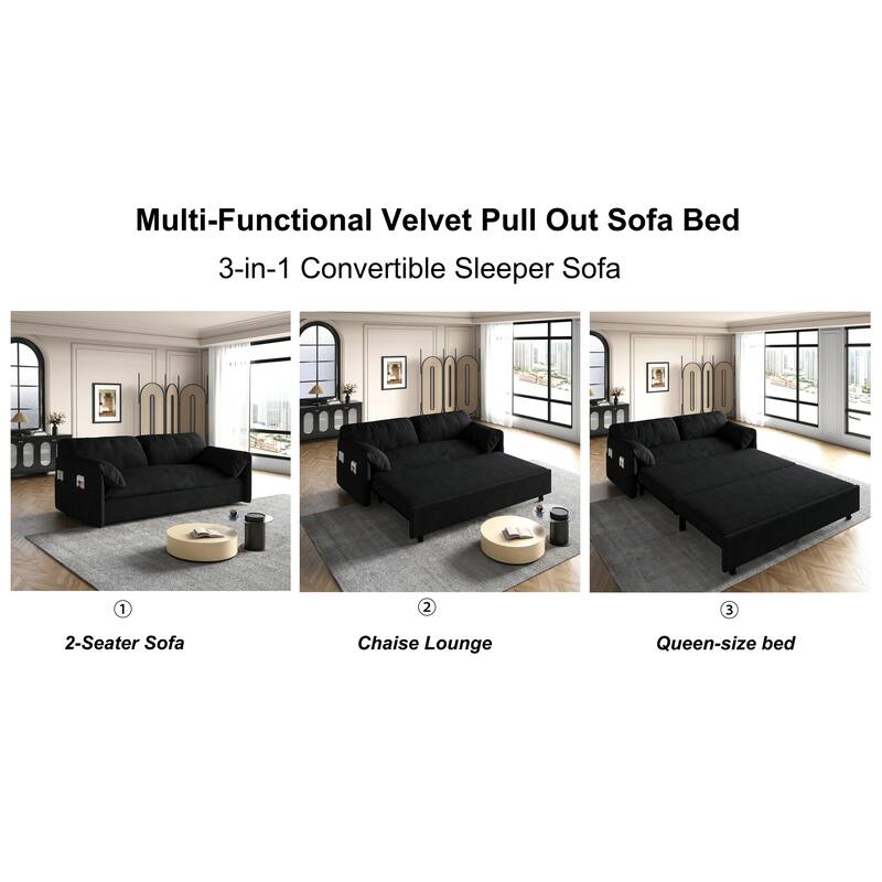 Multi-Functional 63.8" Queen Pull Out Sofa Bed with Side Storage and Wheels - 3-in-1 Convertible Sleeper Sofa