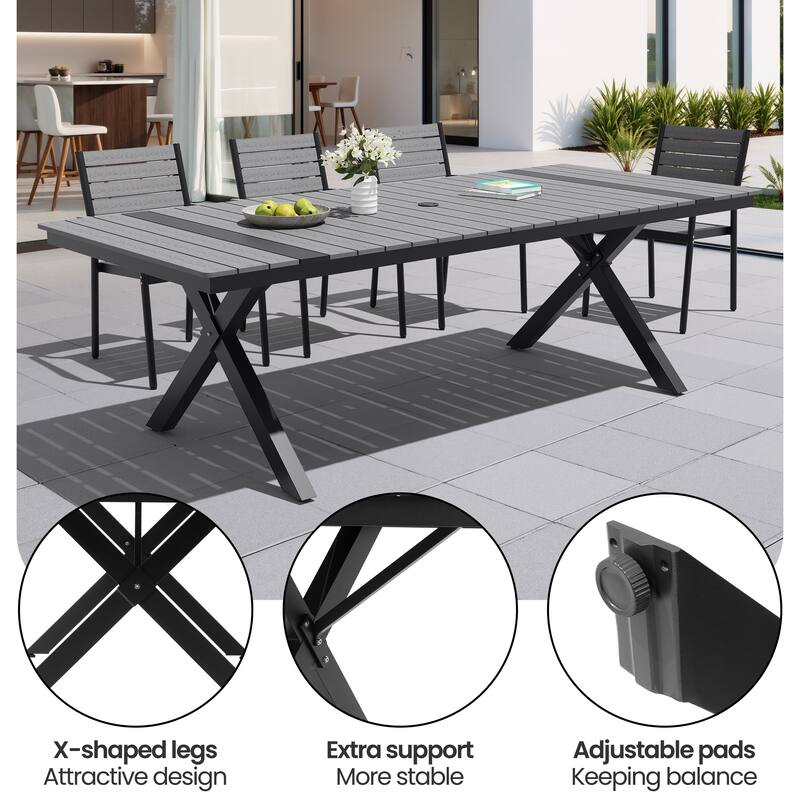 11/13-Piece Outdoor Aluminum Dining Table Set Rectangular Table with Umbrella Hole and Stackable Chairs