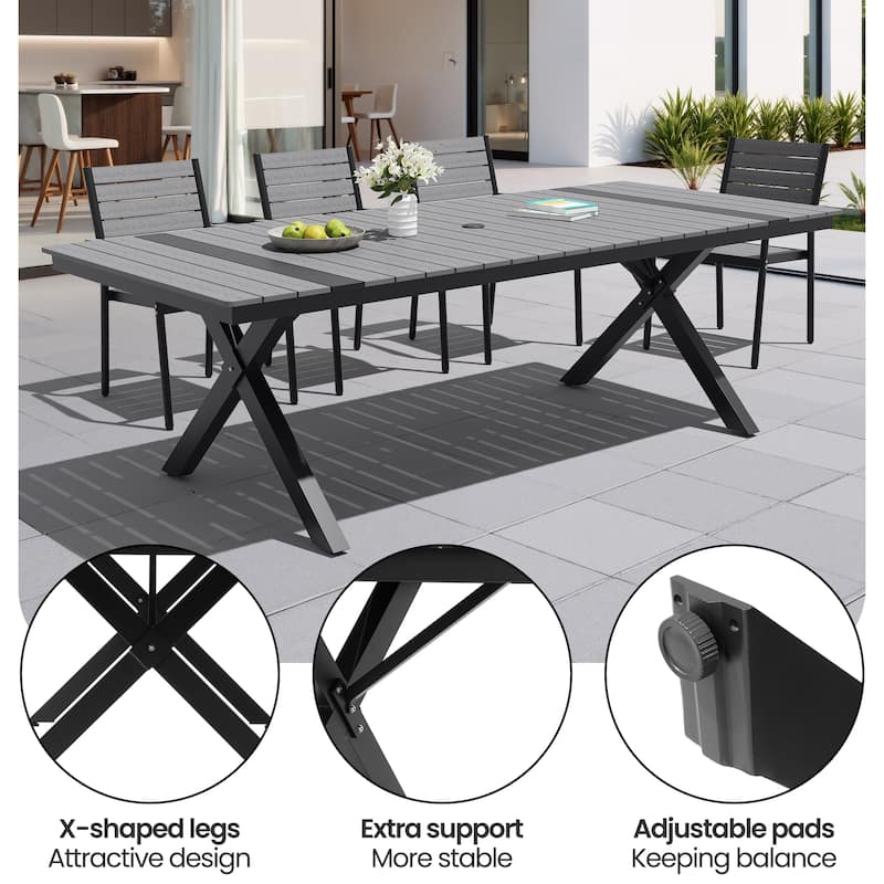 11/13-Piece Outdoor Dining Set Aluminum Rectangular Table with Umbrella Hole and Stackable Chairs