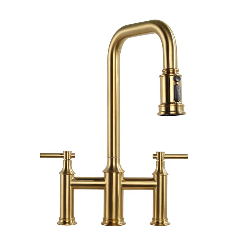 WOWOW Double Handle Bridge Kitchen Faucet with Advanced Spray - Gold