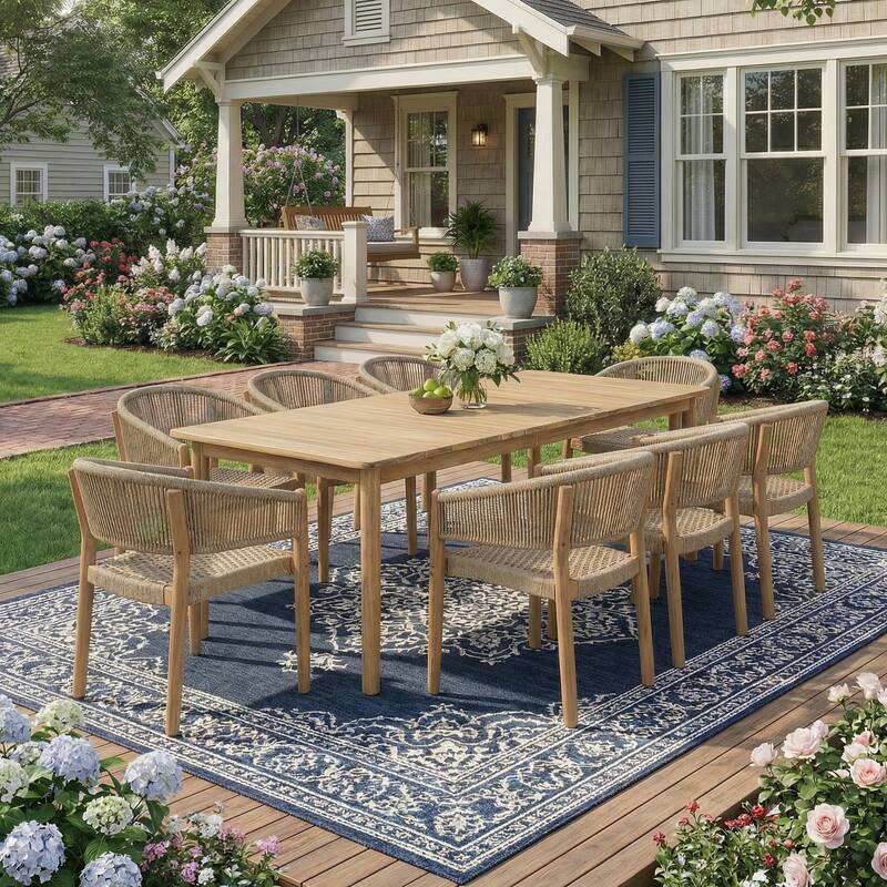Christopher Knight Home - Valterra Modern Acacia Wood 9-Piece Dining Set with Rope Woven Chairs - Natural