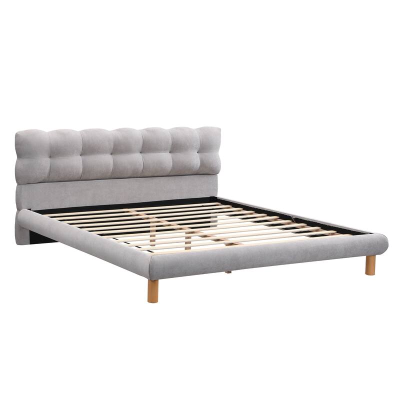 King Size Upholstered Platform Bed with Cookie-Shaped Headboard and Rubber Wood Support Feet