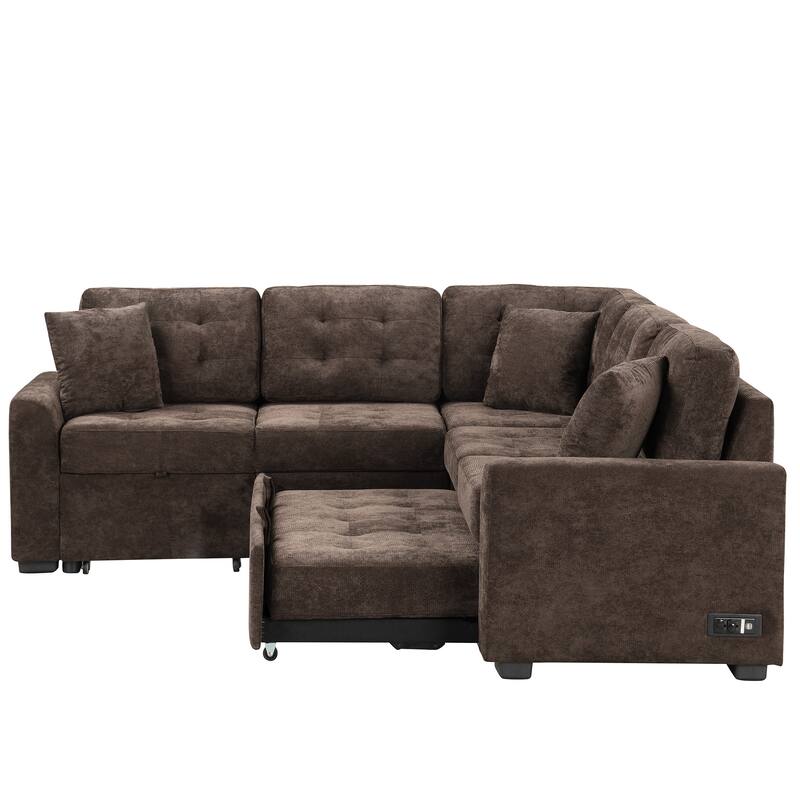 82.6" Velvet L-Shape 4-Seat Sectional Sleeper Sofa with USB Ports, Power Sockets and Wheels