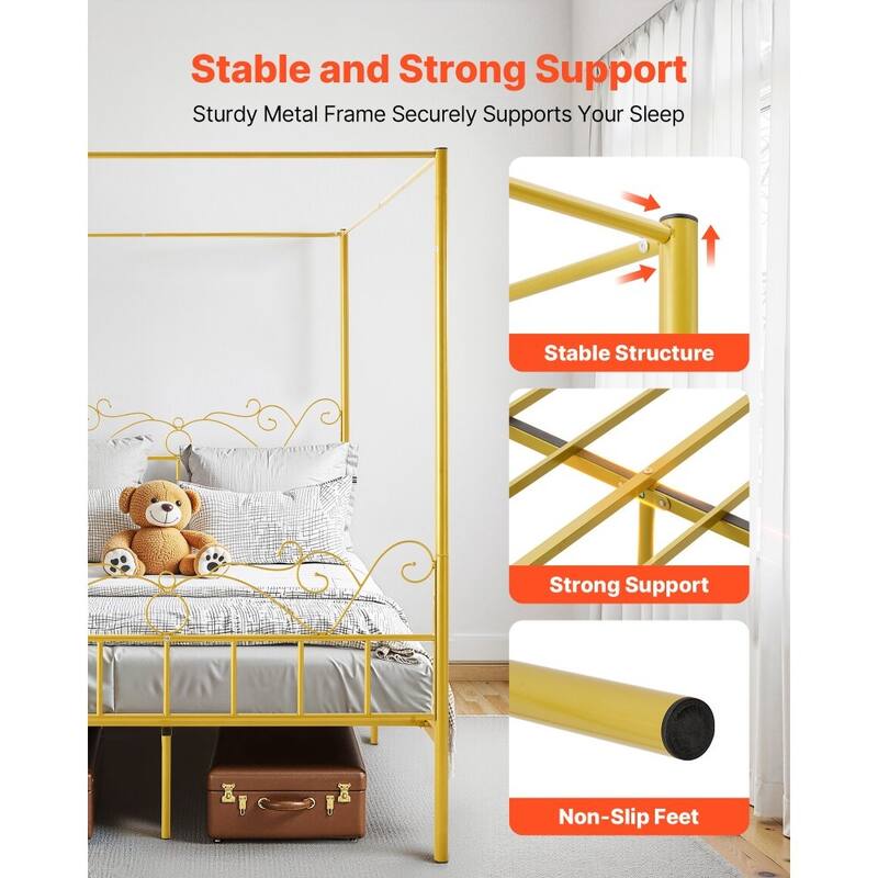 Gold Metal Queen Canopy Bed with Storage, Quiet Design and DIY Rails