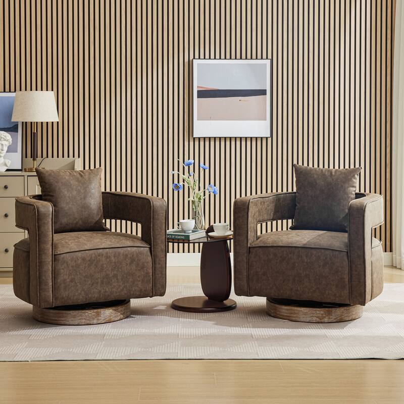 Modern Swivel Chair,PU leather Barrel Chair with Wooden Base and pillow