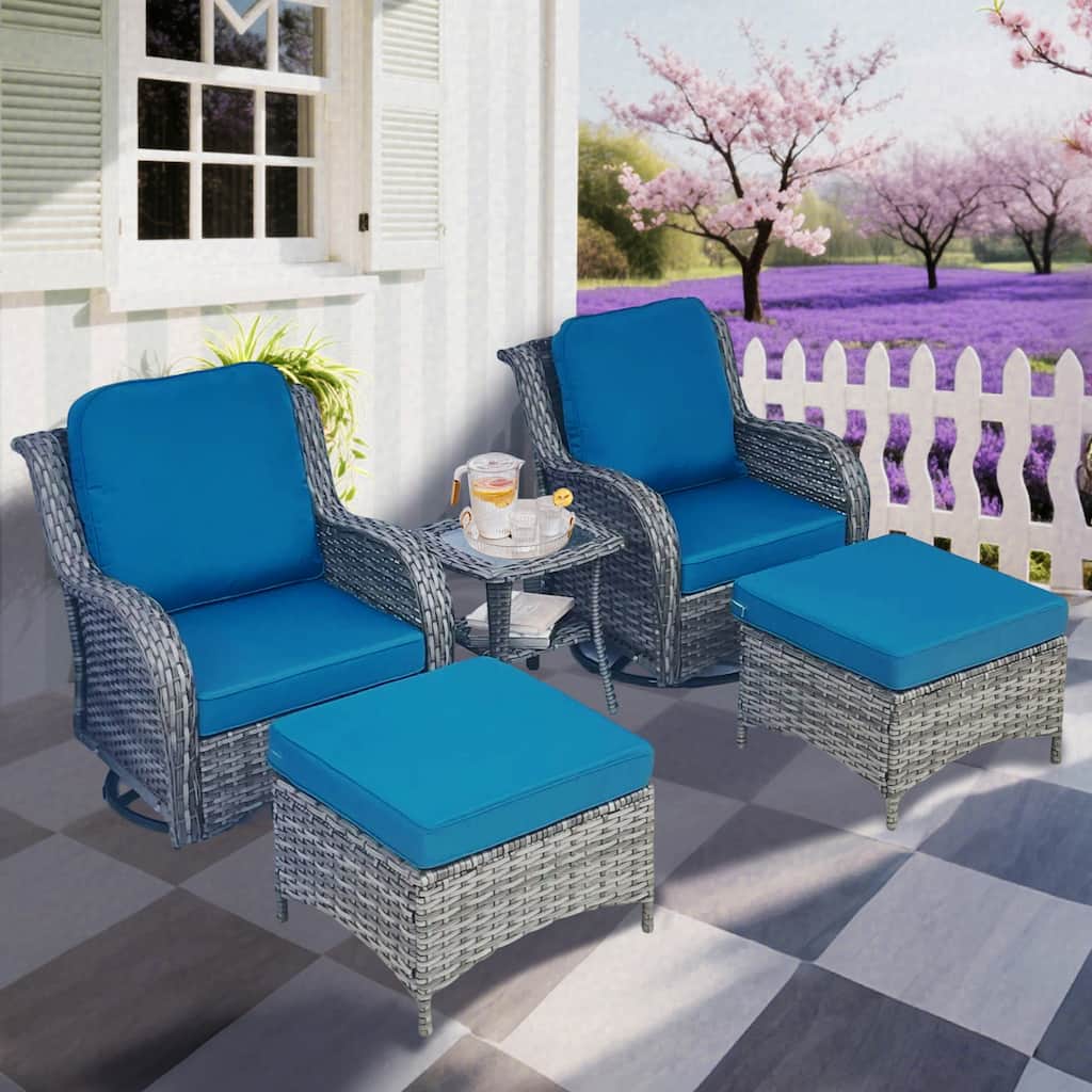 5 Piece Rattan Outdoor Sectional Conversation Sets with 2 Swivel Rocking Chairs,2 Ottomans and 1 Side Table