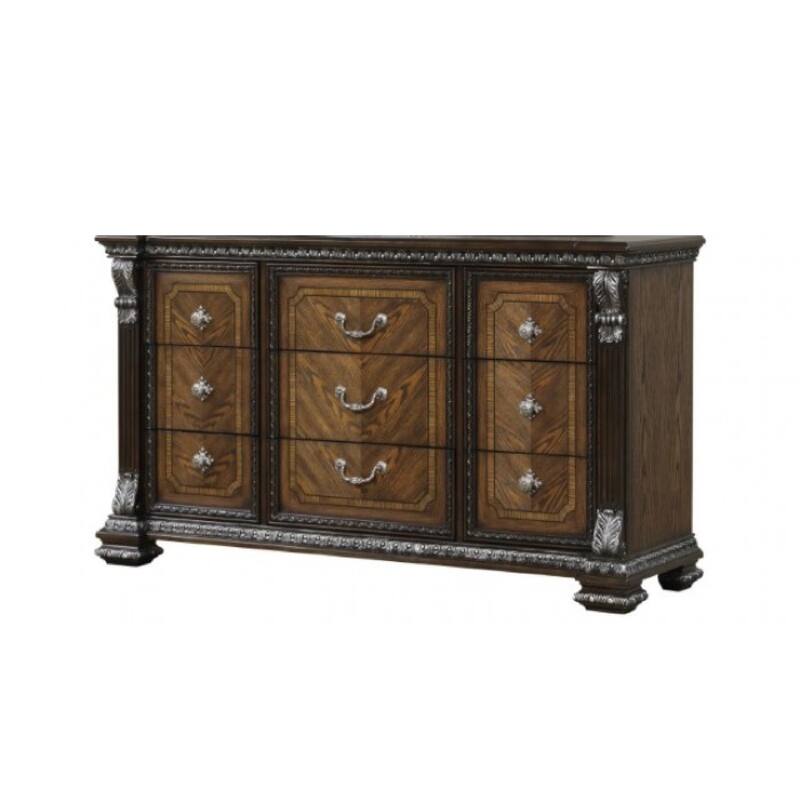 Naddy Wide Dresser, Ornate Carving, Brown Pine Wood