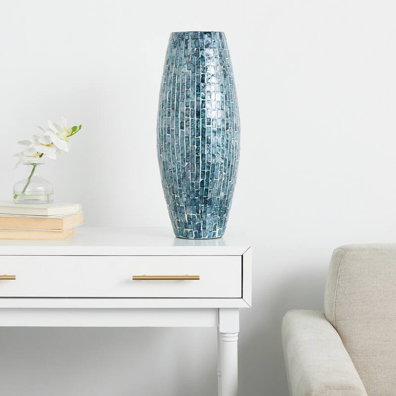 Mother of Pearl Shell Handmade Mosaic Inspired Vase - Blue - Roche River Decor - 8"W x 8"L x 19"H